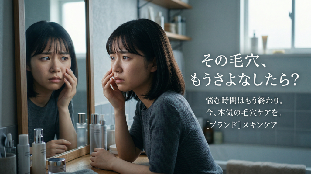 悩み訴求の例 — 鏡を見て毛穴を気にする女性